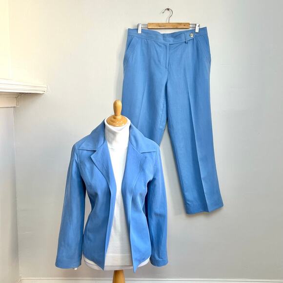 Vintage 90s Liz Claiborne Silk Linen Blue Open Front Blazer Trouser Suit Set 10 - Picture 14 of 14